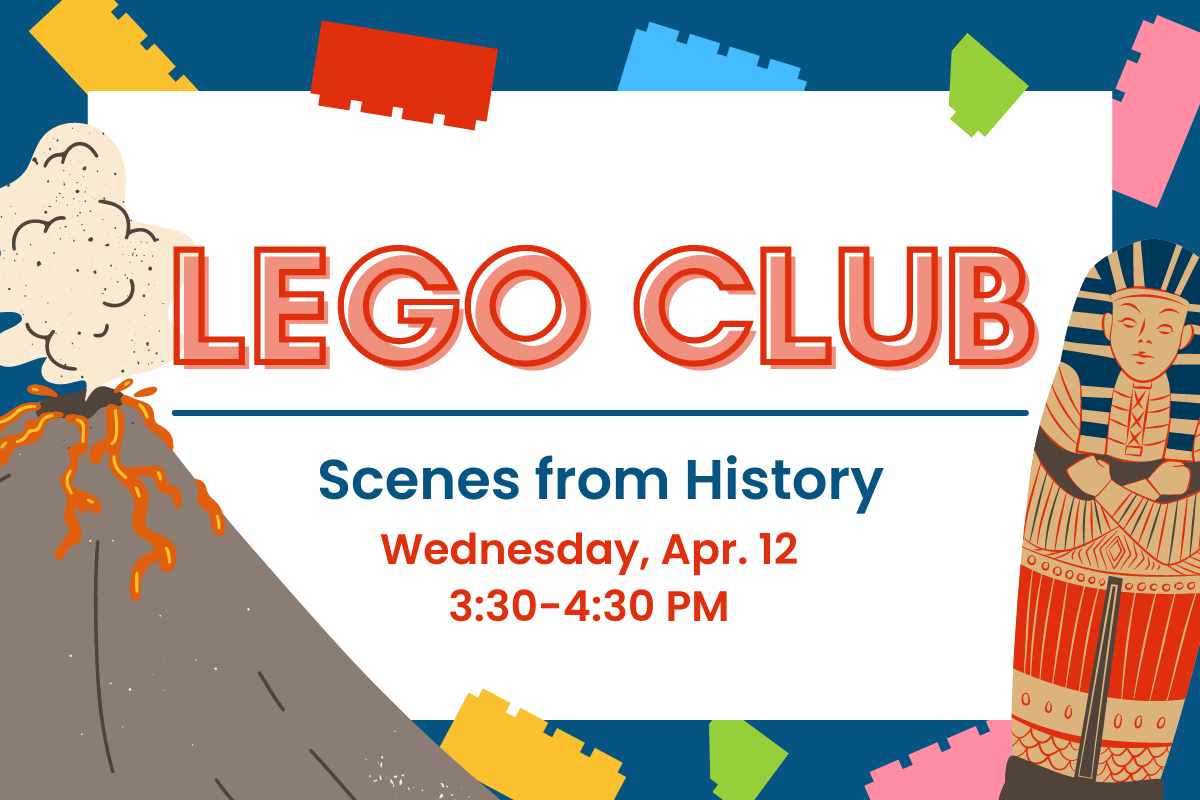 Graphic of legos, a volcano and a mummy