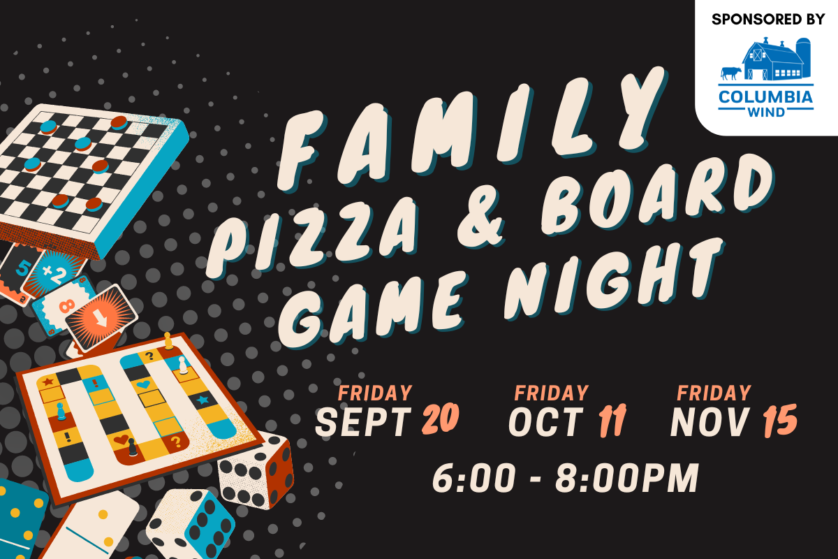 slide reading "family pizza & board game night: friday, sept 20, friday oct 11, friday nov 15 6:00-8:00 PM