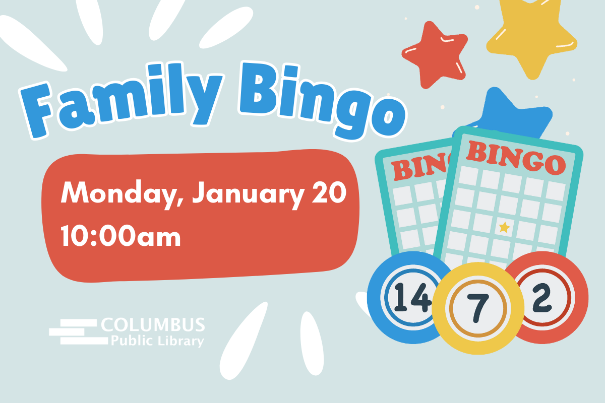 slide reading "family bingo: monday, january 20 @ 10am