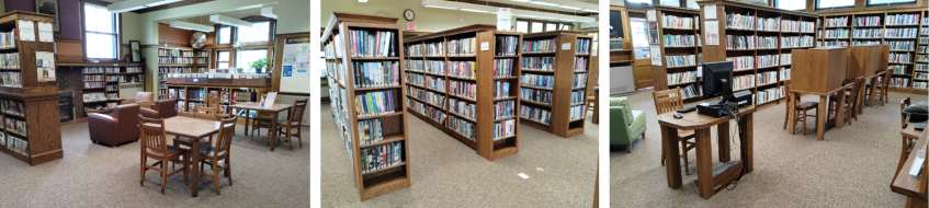 adult area showing siding area, tall book shelves, and computers with privacy cubbies