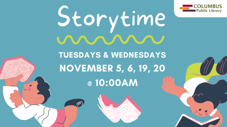 slide reading "storytime: Tuesdays and Wednesdays: November 5, 6, 19, 20 @ 10:00am